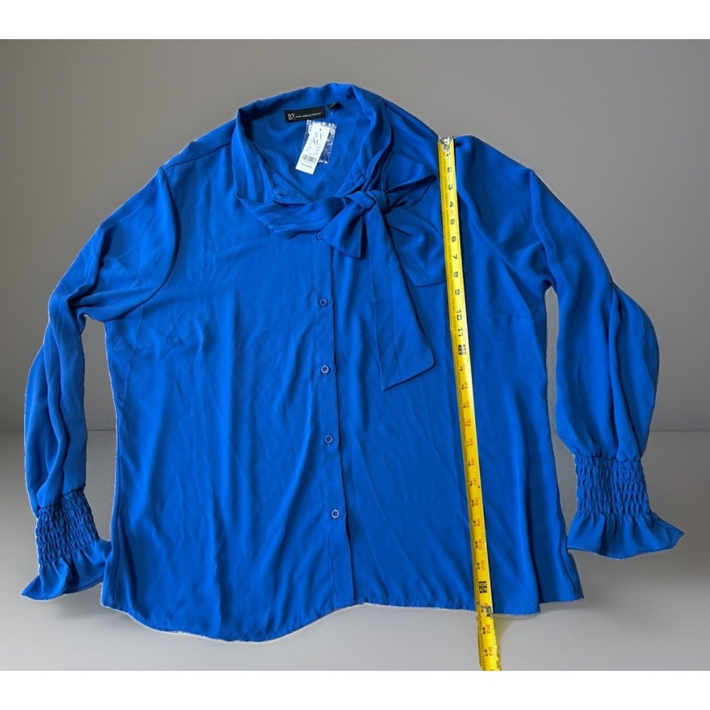 NWT New York & Company XXL Royal Blue Tie Neck Blouse Long Sleeve Women's Top - Picture 7 of 9